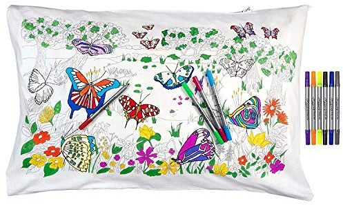 eatsleepdoodle Schmetterling-Kissenbezug zum Ausmalen, spielerisches Lernen, waschbar und wiederverwendbar, inkl. 10 auswaschbare Stifte, 75x50cm, 100% Baumwolle