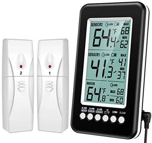 Brifit Kühlschrank Thermometer, Gefrierschrank Thermometer mit 2 Sensor, Kühlschrankthermometer mit Alarmfunktion, MIN/MAX Records, USB/Batterie betrieben, für Küche, Hause, Bars
