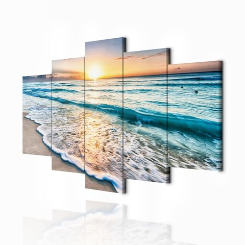 decomonkey Bilder Strand Meer 100x50 cm 5 Teilig Leinwandbilder Bild auf Leinwand Wandbild Kunstdruck Wanddeko Wand Wohnzimmer Wanddekoration Deko Sonnenuntergang Landschaft