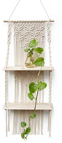 Afuly Wandregal Holz Makramee Regal Boho Deko Hängeregal Wanddeko Badezimmer Wohnzimmer Balkon Pflänzchen Handgewebte Schweberegal
