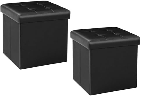 Bonlife Fußbank Truhen Aufbewahrungsbox mit Deckel Pouf Hocker Kiste Faltbarer Sitzhocker Mit Stauraum Bett Organizer (Schwarz-1)