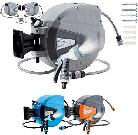 Arebos Avvolgitubo | Avvolgitubo orientabile da 15 m | Box da parete con blocco di bloccaggio | Supporto da parete incluso | Meccanismo di avvolgimento automatico | Grigio