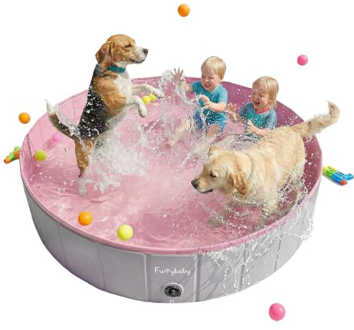 furrybaby Dog Paddling Pool for Extra Large Dogs, Foldable Dog Pool Paddling Pool for Dogs, Puppy Pool for Gardens with PVC, Non-Slip Base & Drain Plug, Pink, 160 x 30 cm, XL