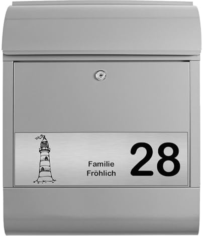 banjado Briefkasten personalisiert mit graviertem Namensschild in Edelstahl - Wandbriefkasten Silber - Postkasten mit Hausnummer, Namen & Motiv Leuchtturm - Briefkasten mit Zeitungsfach