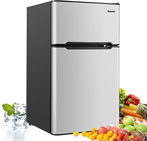 COSTWAY Frigorífico Compacto, Mini Nevera 90 L, Congelador Separado con 2 Puertas, Luz LED de Amplio Ángulo, Ahorro Energético, Refrigeración Rápida, Puerta Reversible Silencioso (Gris)