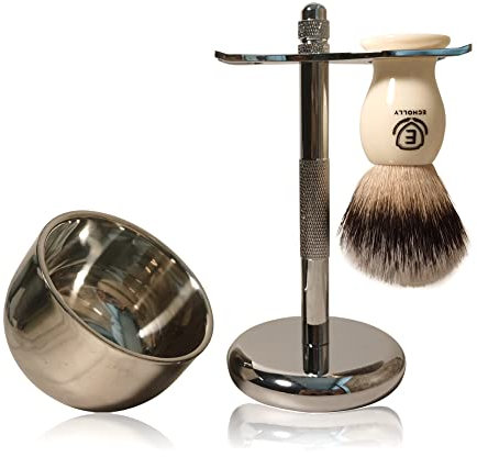 Premium Shaving Brush Kit-3 in 1 Shaving Brush Set for Men Includes Badger Synthetic Hair Shaving Brush,Stainless Steel Shaving Soap Bowl and Stand for Mens Shaving Gift Set(Ivory White)