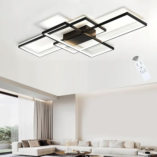 LIUYU LED Deckenleuchte Wohnzimmer Dimmbar Schwarz 140x80cm 95W 8600LM | Rechteckige, einstellbare Farbtemperatur 3000K–6500K, mit Fernbedienung, integrierter Speicherfunktion, Aluminium & Silikon
