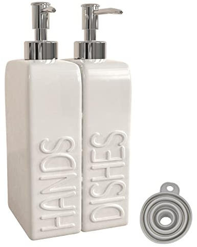 Karisky Soap Dispenser Set with Funnel, Non-Slip Silicone Pads, 2 Pack Ceramic Refillable Dish Soap and Hand Soap Dispenser for Kitchen, Bathroom, White