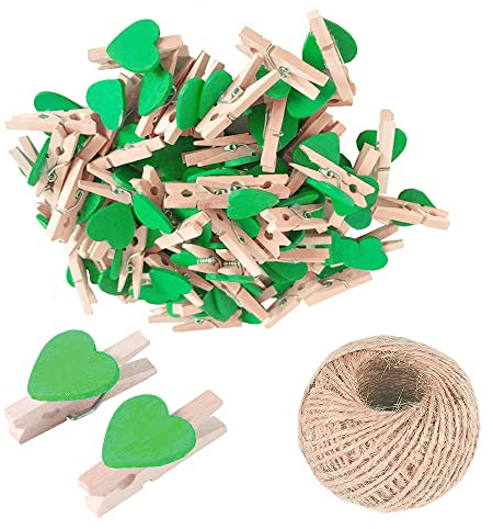 100 mollette da bucato a forma di cuore in legno verde, piccole mollette multicolore con cuore, clip per foto a forma di cuore