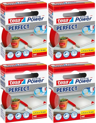 tesa extra Power Perfect Gewebeband - Gewebeverstärktes Ductape zum Basteln, Reparieren, Befestigen, Verstärken und Beschriften - Rot - 2,75 m x 19 mm (Packung mit 4)