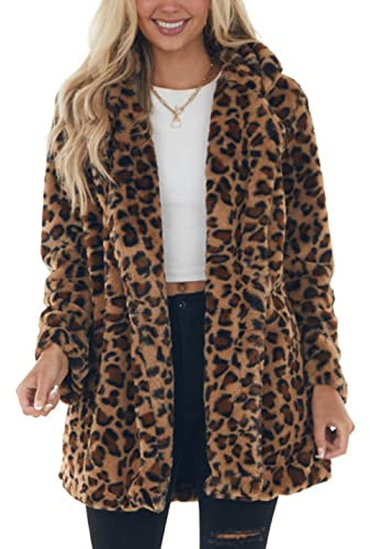 SeekMe Womens Faux Fur Coats Leopard Jackets Loose Warm Fall Winter Fluffy Jacket Outwear(1807-Brown-L-FY)
