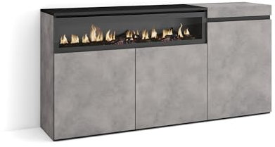 Skraut Home | Aparadores para salón | Gran Capacidad de almacenaje | 150x75x35cm | 3 Puertas | Chimenea eléctrica | Estilo Moderno | Cemento
