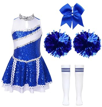Jowowha Mädchen Cheer Leader Cheerleading Kostüm Glitzer Kleid mit Zubehör Cheer Tanzkleid Halloween Kostüm Karneval Fasching Party Outfits