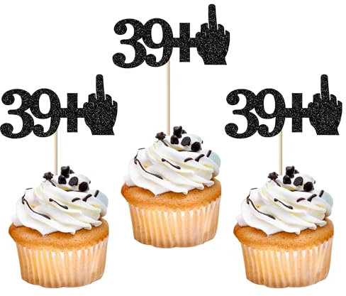 Rsstarxi 24 Pack 40th Birthday Cupcake Toppers Glitter Middle Finger 39+1 Cupcake Toppers Funny Cheers to 40 Fabulous Cupcake Picks Decors for 40th Birthday Anniversary Party Cake Decorations Black