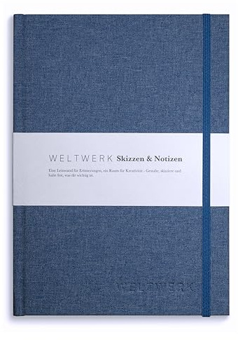WELTWERK Notizbuch Blanko A5+ [160 Seiten] hochwertiges Notizbuch mit 120 g/m² Papier, Fadenbindung & Gewebeeinband – edles Notizheft zum Schreiben & Skizzieren – Journal Tagebuch Skizzenbuch