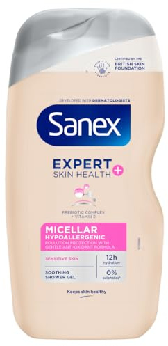 Sanex Expert Skin Health+ Micellar Hypoallergenic Shower Gel 450 ml, for sensitive skin, body wash for men & women, helps protect skin from pollution, gentle antioxidant formula, with vitamin E