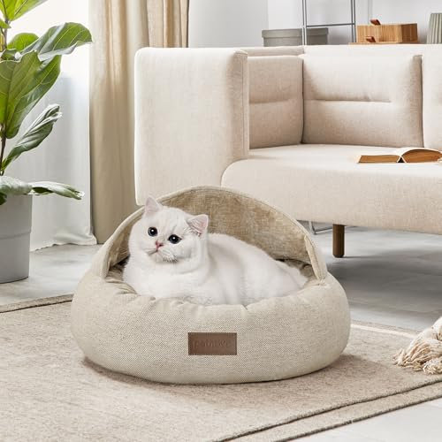PETNOVO Panier Chat Intérieur en Tissu de Chenille Lin - Lit Réversible Avec Fond Antidérapant, Imperméable, 61x61x35cm, Kaki