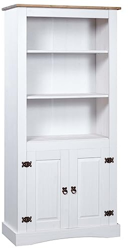 Willood Buffetschrank Mexiko-Stil Kiefernholz Kiefer Schrank Corona Bücherregal Vitrine Standvitrine Highboard Kommode Anrichte Weiß 80x40x170 cm