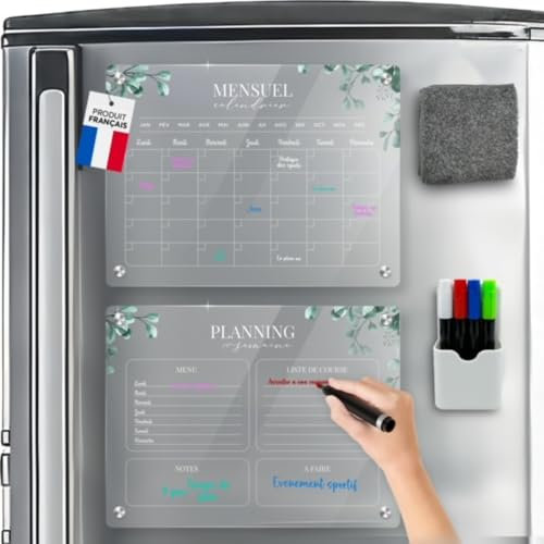 Salya Shop Lot De 2 Calendrier Frigo Magnétique 40x30cm - Planning Frigo Effaçable Avec Calendrier Mensuel, Planificateur Hebdomadaire, Menu, Courses, 4 Marqueurs Et Chiffon Inclus