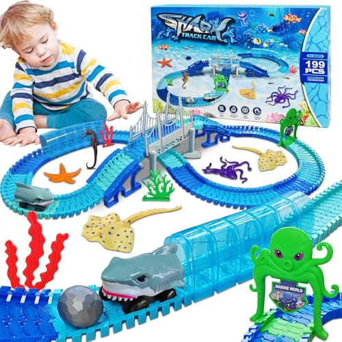 Rennstrecke Spielzeug, 199 Stück Spielzeugautos Autobahn, Autorennbahn Kinder ab 3 4 5 6 7 8 Jahre Junge Mädchen, Spielzeug im Meeresthema, STEM-Lernspielset, Weihnachten Geburtstag Geschenk