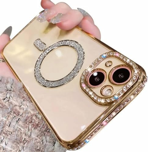 Tybiky Mobilskal kompatibelt med iPhone 16 Pro Max, diamantglitter, paljetter, magsäker, magnetiskt transparent skyddsfodral, mjukt TPU, tunt, stötsäkert skydd, glänsande strassfodral, guld
