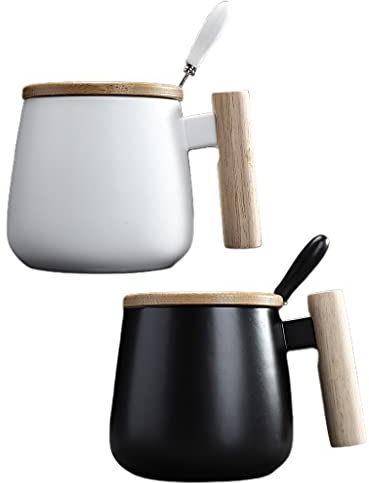 Keramiktasse mit Holzgriff, für Zuhause, Büro, Tee, Milch, Kaffeetasse mit Deckel und Edelstahllöffel, 400–500 ml, Trinkgeschirr, Teetasse, Geschenke