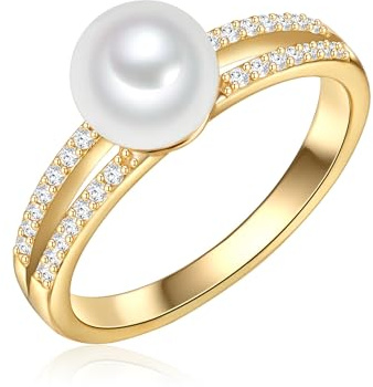 Valero Pearls Damen Ring Perlenring aus 925/- Sterling Silber gelbvergoldet | 14 Karat Gelbgold,Süßwasser-Zuchtperle,weiß,Runde Form,Perlengröße 7-8 mm,Zirkonia,Steine,Silberring,Gold,echte Perle
