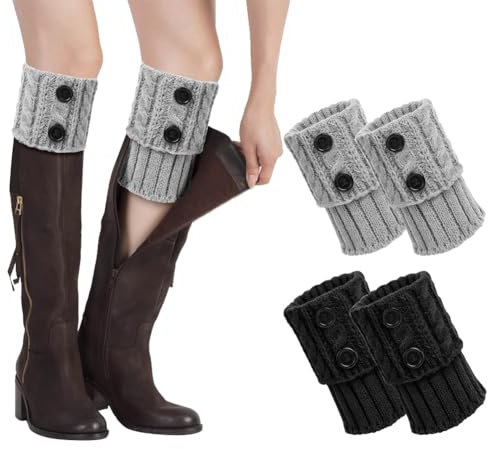 AUYAO Winter Stulpen Damen 2 Paar Winter Beinstulpen Kurze Gestrickte Beinwärmer Stricken Häkelarbeit Damen Leg Warmers Mädchen Knöchelwärmer Stiefel Boot Abdeckung für Winterwärmer (Schwarz+Hellgrau)