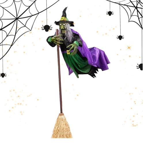 Halloween Hexen im Freien, fliegende Hexe | Realistische fliegende Hexe auf Besen - Gruseliger animierter Hexenbesen 6 Fuß Halloween Dekorationen für Spukhaus, Garten, Hof, Schaufel