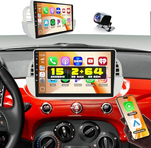 Hikity 8 Core 2G+64G Android Autoradio per Fiat 500 2007-2015 9 Pollici Car Radio Stereo Auto con Wireless Carplay Android Auto 59UI GPS WiFi 32EQ DSP Bluetooth FM RDS Telecamera Posteriore (Beige)