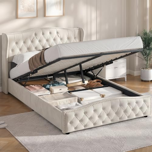 BPKADHY Polsterbett 140x200 cm,Hydraulisch Stauraumbett mit Stauraum und Lattenrost, Doppelbett Bettgestell mit Kopfteil,Modern Rückenlehne Bett 140x200 Bettgestell,Samt,Beige,ohne Matratze