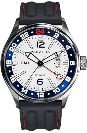 Panzera Flieger 45G Mechanische Automatikuhr Stahl Weiß Silikon Saphir Datum Herrenuhr, Schwarz , Armband