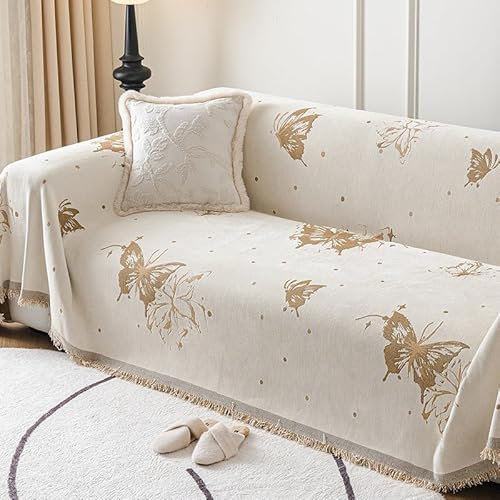 KIZAMI 130–480 cm Kaffeefarbe/Weiß, Boho-Chenille-Überwurf, Decke, Sofa mit Quaste, groß, rutschfest, Couchbezug, Schutz, Rutschfester Couchbezug