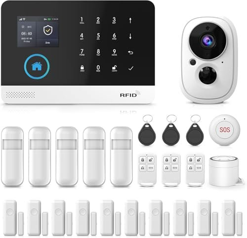 PGST Allarme Casa Senza Fili DIY 25 Pezzi - 4G/WiFi/GSM con telecamera Sistema Allarme Casa, 10 Sensori Porta/Finestra + 5 Rilevatori Movimento, Allarme 120dB, App Tuya/Smart Life/Alexa/Google