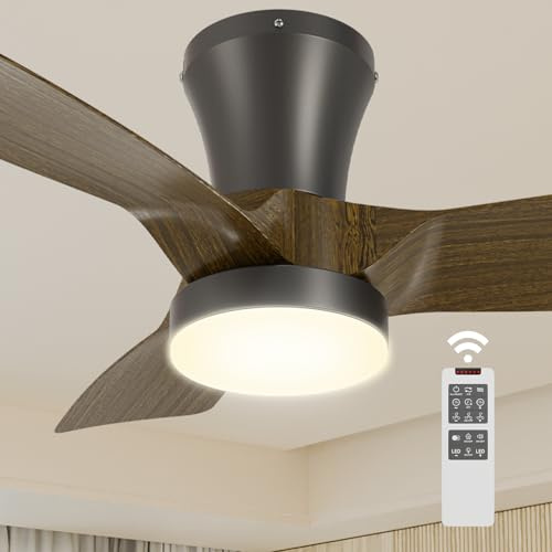 Deckenventilator mit Beleuchtung 80cm, Fernbedienung, Flush Mount Deckenleuchte mit Ventilator, Leiser DC Motor mit Speicherfunktion, 6 Gänge, Dimmbar 3000-6000K, Timer, Vor-/Rücklauf für Wohnzimmer