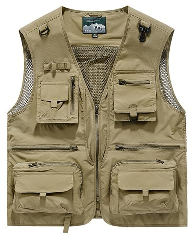 Oulivey Men's Lightweight Mesh Fishing Vest Utility Outdoor Multi-Pocket Hunting Cargo Vest(0309-KhakiX1-L)