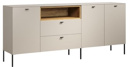 trendteam smart living Sao Paulo Sideboard Kashmir (Beige)/Evoke Eiche Kommode mit Soft-Close Funktion 197 x 85 x 42 cm Schwarze Metallgriffe und -Füße