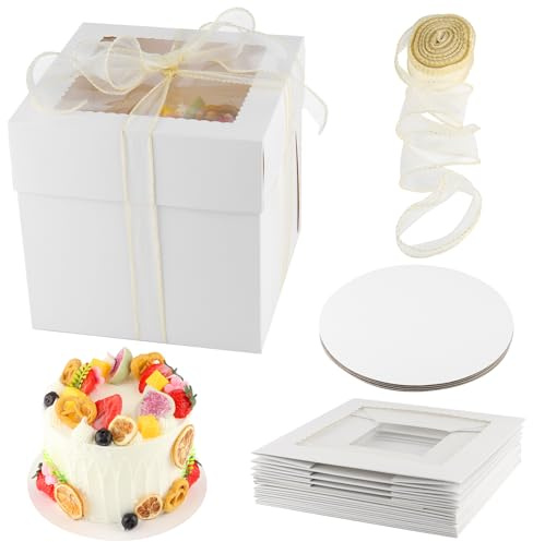 GHLAECM 4 Stück Tortenschachtel 20x20x20cm Weiß, Tortenbox Hoch mit Fenster, Kuchenbox aus Pappe mit Tortenbrett und Deko-Band, Tortenkarton für Kuchen Transport und Torten Verpackung