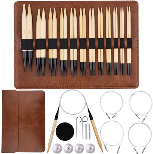 WAZAIGUR Austauschbares Rundstricknadel-Set aus Bambus mit Etuigrößen 3,5 mm, 3,75 mm, 4 mm, 4,5 mm, 5 mm, 5,5 mm, 6 mm, 6,5 mm, 7 mm, 8 mm, 9 mm, 10 mm, 12 Paar, 4 Kabel