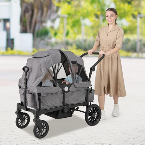 GYMAX Passeggino Gemellare per Bambini, Carrozzina con 2 Sedili, Ruote Fuoristrada, Capote Pieghevole, Manico Regolabile, Passeggino Pieghevole con Cintura di Sicurezza, Spazio di Stoccaggio (Grigio)