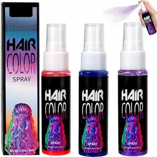 SinceReal 3 Colors Washable Hair Colour Spray, Coloured Hair Spray Wash Out Kids, Temporary Hair-Dye for Parties, Cosplay, Prom, Halloween, Christmas(Red, Blue, Purple)