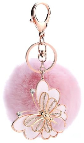 Wisafory Pom Pom Schlüsselanhänger Süßer Schmetterlings Taschenanhänger Glitzer Plüsch Schlüsselring Schlüsselbund Handtasche Charm mit Strass Elegant Auto-Anhänger für Damen Frauen Rosa