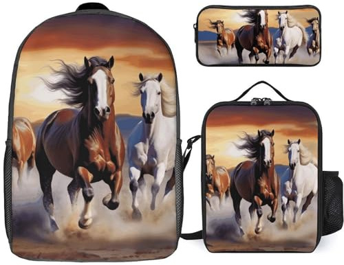 BVKWNTSA Mochila escolar 3 en 1 con estampado de caballos corriendo para adolescentes con lonchera y estuche