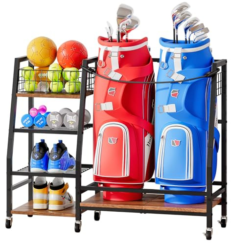 KZOBYD Golftaschen Organizer, großer Golfbag-Ständer mit Rollen, Golftaschenregal mit Haken und Ablagen, Golfschläger-Organizer für Golftaschen & Golf-Zubehör, Mobiler Golf-Ausrüstungsständer
