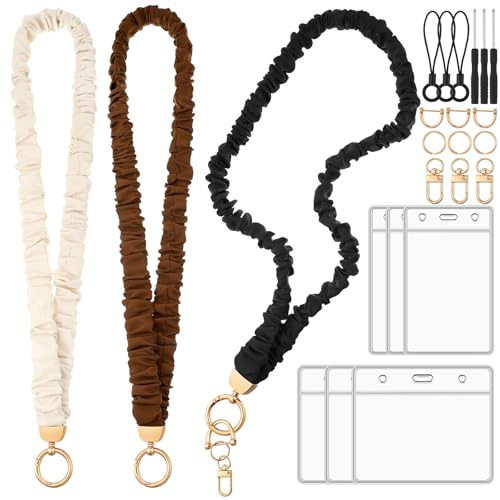 HairChrysm Scrunchie Lanyards for ID Badges, Stretchy Lanyard for Women - Teacher Nurse Neck Lanyard with Card Holder for Office, School, Hospital & Cruise, Neutral Colors