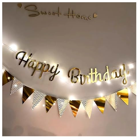 Wimpelkette DIY-Lichterkette mit verschiedenen Motiven for Thema „Happy Birthday“ – inklusive Fotobox-Girlande und Wimpelketten-Set(Gold Color)