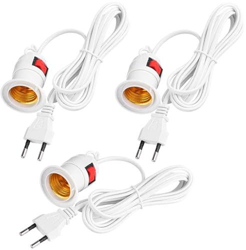 Vaskula 3 Pièces Douille E27 Blanc Douille E27 avec Interrupteur Fiche et Câble Électrique de 4 m Douilles Ampoule Porte Luminaire Suspension pour Lampe Bureau Salon Cuisine