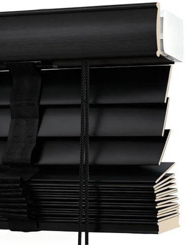2 Slats Cordless Wood Blinds for Indoor Windows, Horizontal Venetian Blinds & Shades 24 34 35 36 40 48 56 64 72, Privacy Blackout Faux Wooden Blinds for Home Office Bedroom(Black)