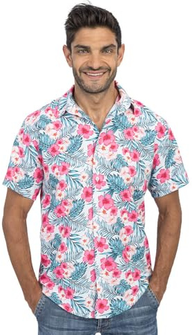 Chaks Bibiskus Hawaiian Shirt Adult costume Hombre (Pack de 1) | Camisa de verano de manga corta para fiestas, festivales y vacaciones, estampado tropical hibisco, moda de playa para hombre