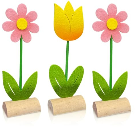 Bseical 3 Stück Osterdeko Innen, Deko Frühling Filzblumen, Tischdeko Frühling, Frühlingsdeko Innen Tulpen, Ostern Deko aus Holz und Filz